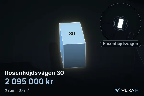 VERA PI's image of Rosenhöjdsvägen 30: the building in 3D, lit in blue, and the map around it