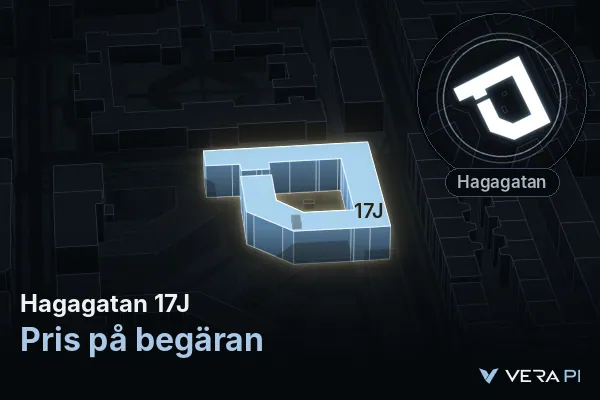 VERA PI:s bild av Hagagatan 17J: huset i 3D, upplyst i blått, och kartan runt omkring