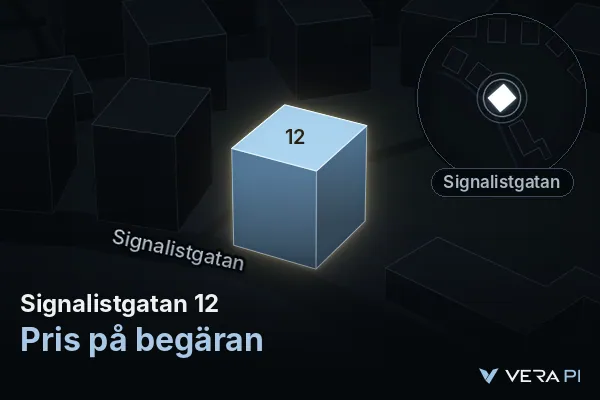 VERA PI's image of Signalistgatan 12: the building in 3D, lit in blue, and the map around it