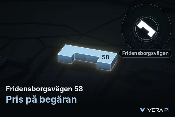 VERA PI's image of Fridensborgsvägen 58: the building in 3D, lit in blue, and the map around it