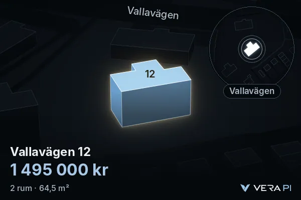VERA PI:s bild av Vallavägen 12: huset i 3D, upplyst i blått, och kartan runt omkring