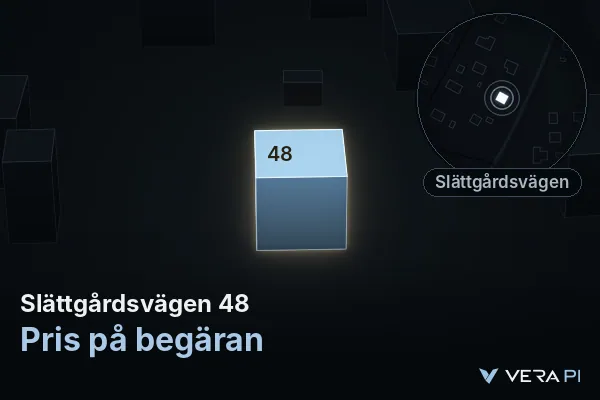 VERA PI's image of Slättgårdsvägen 48: the building in 3D, lit in blue, and the map around it