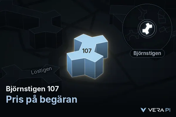 VERA PI's image of Björnstigen 107: the building in 3D, lit in blue, and the map around it