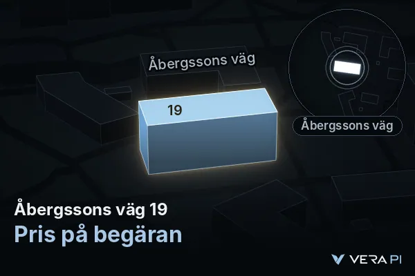 VERA PI's image of Åbergssons väg 19: the building in 3D, lit in blue, and the map around it