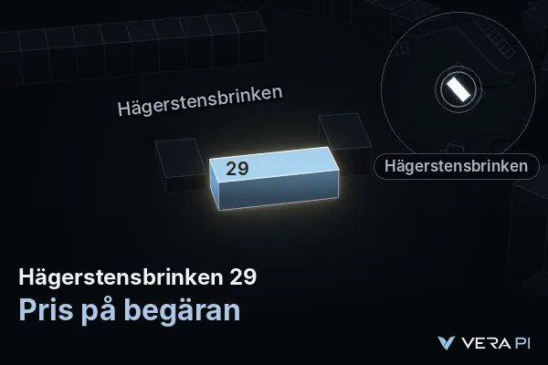 VERA PI:s bild av Hägerstensbrinken 29: huset i 3D, upplyst i blått, och kartan runt omkring