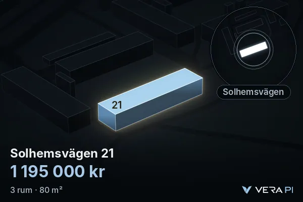 VERA PI's image of Solhemsvägen 21: the building in 3D, lit in blue, and the map around it