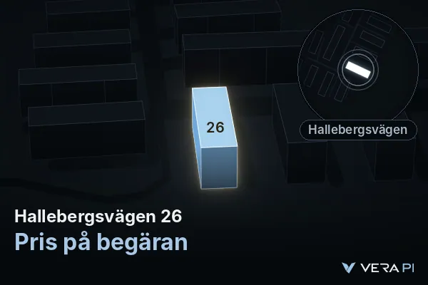 VERA PI:s bild av Hallebergsvägen 26: huset i 3D, upplyst i blått, och kartan runt omkring