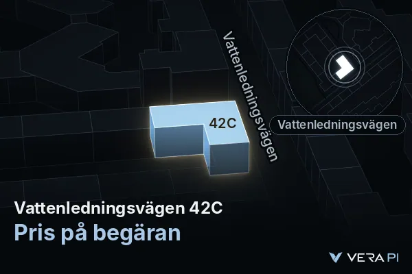 VERA PI:s bild av Vattenledningsvägen 42C: huset i 3D, upplyst i blått, och kartan runt omkring