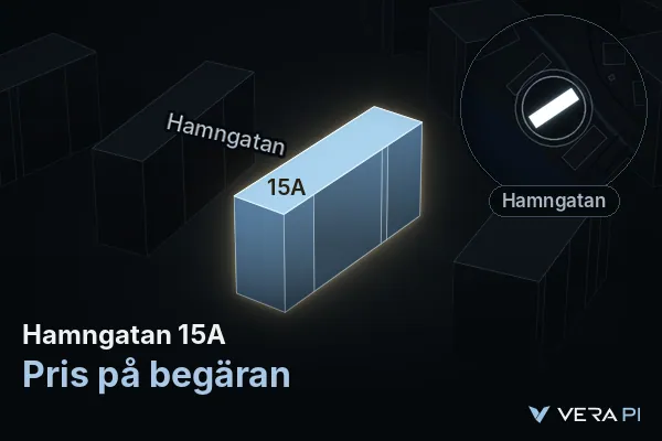 VERA PI's image of Hamngatan 15A: the building in 3D, lit in blue, and the map around it