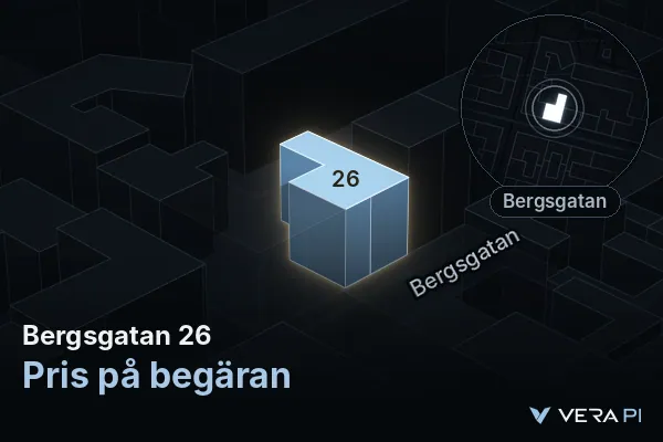 VERA PI:s bild av Bergsgatan 26: huset i 3D, upplyst i blått, och kartan runt omkring