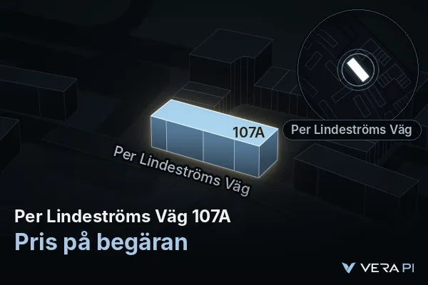 VERA PI:s bild av Per Lindeströms Väg 107A: huset i 3D, upplyst i blått, och kartan runt omkring