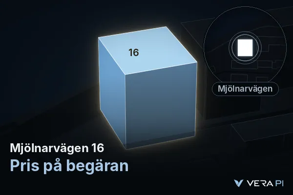 VERA PI:s bild av Mjölnarvägen 16: huset i 3D, upplyst i blått, och kartan runt omkring