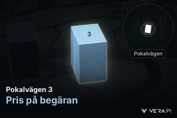 VERA PI:s bild av Pokalvägen 3: huset i 3D, upplyst i blått, och kartan runt omkring