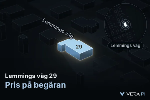 VERA PI:s bild av Lemmings väg 29: huset i 3D, upplyst i blått, och kartan runt omkring