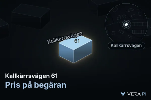 VERA PI:s bild av Kallkärrsvägen 61: huset i 3D, upplyst i blått, och kartan runt omkring