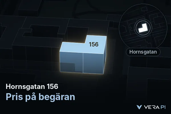 VERA PI:s bild av Hornsgatan 156: huset i 3D, upplyst i blått, och kartan runt omkring