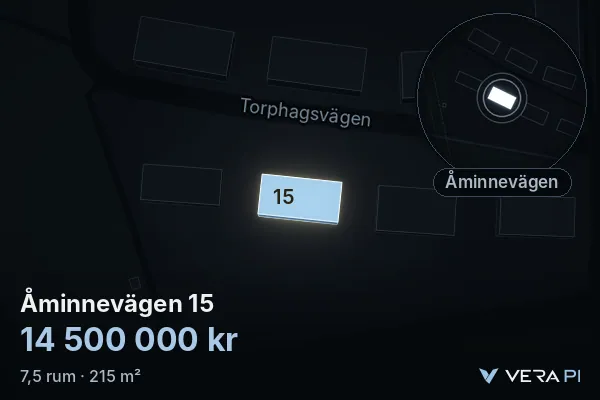 VERA PI:s bild av Åminnevägen 15: huset i 3D, upplyst i blått, och kartan runt omkring