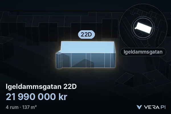 VERA PI's image of Igeldammsgatan 22D: the building in 3D, lit in blue, and the map around it