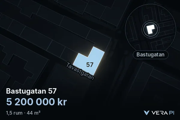 VERA PI:s bild av Bastugatan 57: huset i 3D, upplyst i blått, och kartan runt omkring