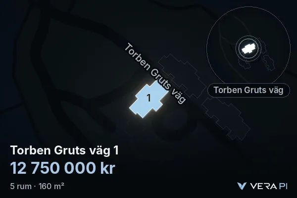 VERA PI:s bild av Torben Gruts väg 1: huset i 3D, upplyst i blått, och kartan runt omkring