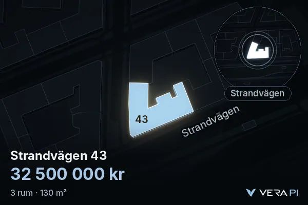 VERA PI:s bild av Strandvägen 43: huset i 3D, upplyst i blått, och kartan runt omkring