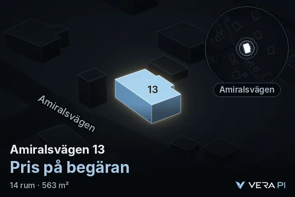 VERA PI:s bild av Amiralsvägen 13: huset i 3D, upplyst i blått, och kartan runt omkring