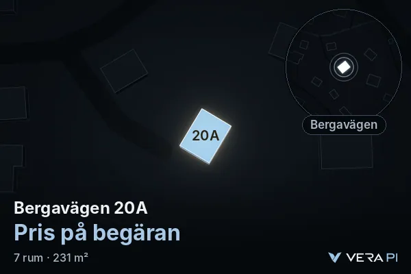 VERA PI's image of Bergavägen 20A: the building in 3D, lit in blue, and the map around it