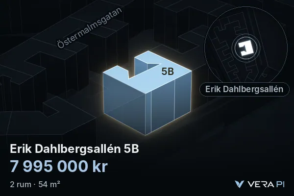 VERA PI:s bild av Erik Dahlbergsallén 5B: huset i 3D, upplyst i blått, och kartan runt omkring