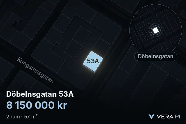 VERA PI:s bild av Döbelnsgatan 53A: huset i 3D, upplyst i blått, och kartan runt omkring