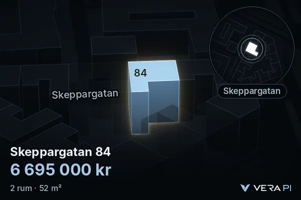 VERA PI:s bild av Skeppargatan 84: huset i 3D, upplyst i blått, och kartan runt omkring
