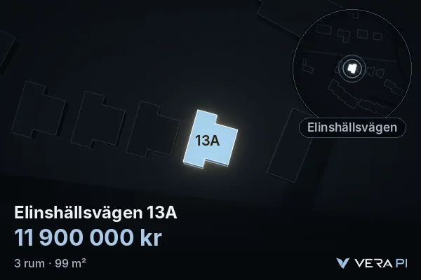 VERA PI's image of Elinshällsvägen 13A: the building in 3D, lit in blue, and the map around it