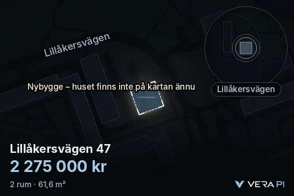 VERA PI's image of Lillåkersvägen 47: the building in 3D, lit in blue, and the map around it