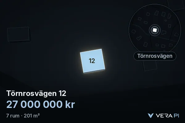 VERA PI's image of Törnrosvägen 12: the building in 3D, lit in blue, and the map around it