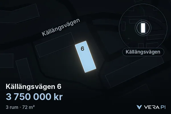 VERA PI's image of Källängsvägen 6: the building in 3D, lit in blue, and the map around it