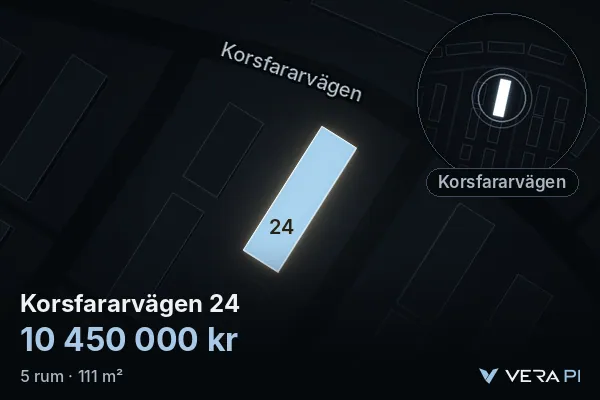 VERA PI's image of Korsfararvägen 24: the building in 3D, lit in blue, and the map around it