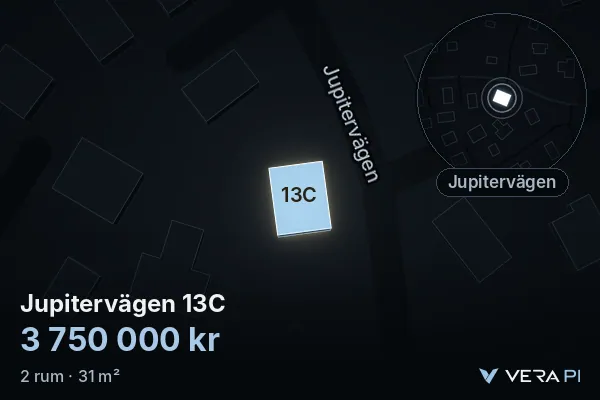 VERA PI's image of Jupitervägen 13C: the building in 3D, lit in blue, and the map around it