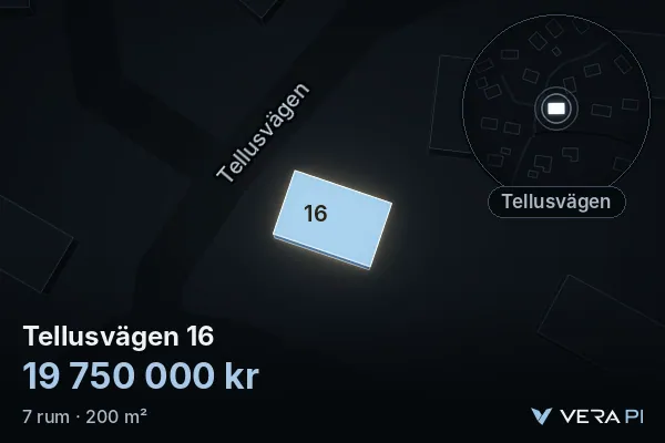 VERA PI's image of Tellusvägen 16: the building in 3D, lit in blue, and the map around it