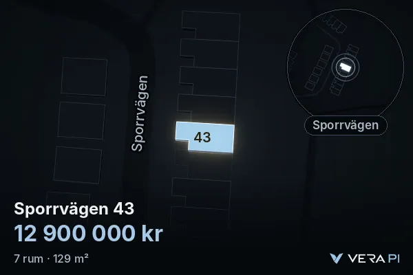 VERA PI's image of Sporrvägen 43: the building in 3D, lit in blue, and the map around it
