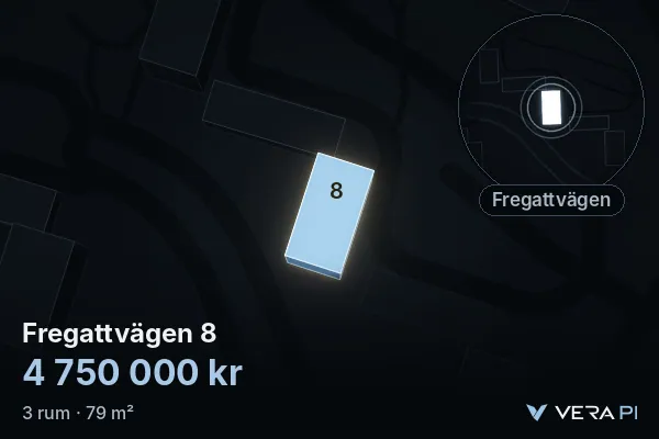 VERA PI's image of Fregattvägen 8: the building in 3D, lit in blue, and the map around it