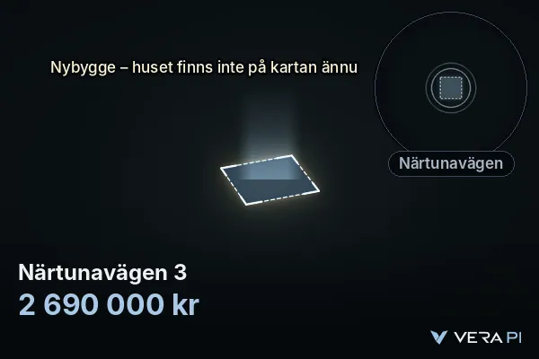 VERA PI:s bild av Närtunavägen 3: huset i 3D, upplyst i blått, och kartan runt omkring