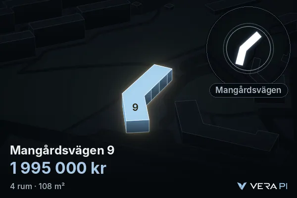 VERA PI:s bild av Mangårdsvägen 9: huset i 3D, upplyst i blått, och kartan runt omkring