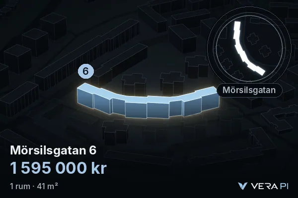 VERA PI:s bild av Mörsilsgatan 6: huset i 3D, upplyst i blått, och kartan runt omkring