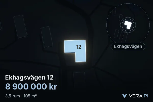 VERA PI:s bild av Ekhagsvägen 12: huset i 3D, upplyst i blått, och kartan runt omkring