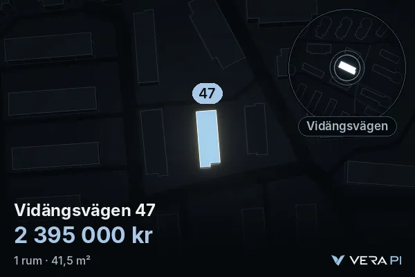 VERA PI:s bild av Vidängsvägen 47: huset i 3D, upplyst i blått, och kartan runt omkring
