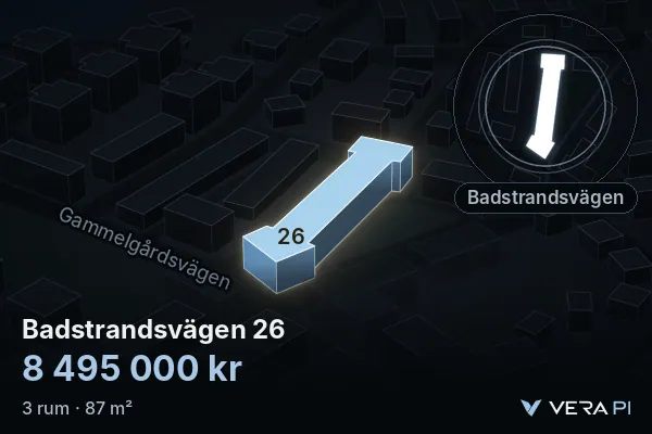 VERA PI's image of Badstrandsvägen 26: the building in 3D, lit in blue, and the map around it