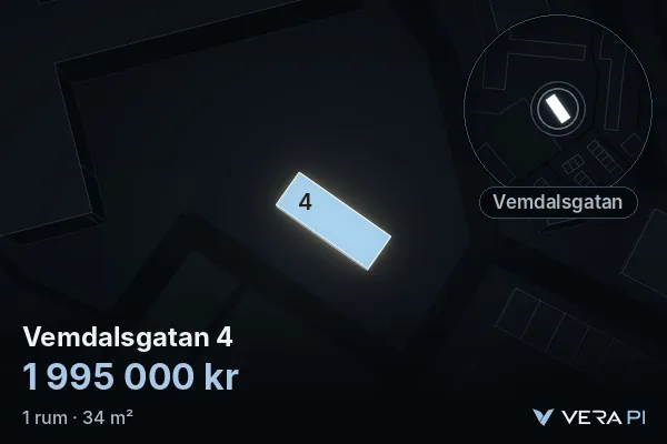 VERA PI:s bild av Vemdalsgatan 4: huset i 3D, upplyst i blått, och kartan runt omkring