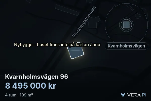 VERA PI:s bild av Kvarnholmsvägen 96: huset i 3D, upplyst i blått, och kartan runt omkring