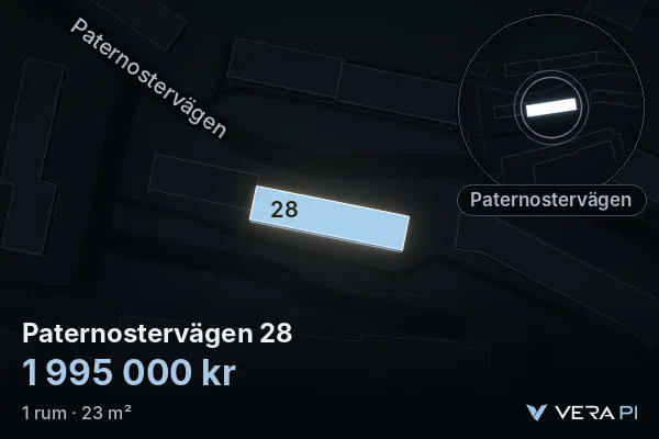 VERA PI:s bild av Paternostervägen 28: huset i 3D, upplyst i blått, och kartan runt omkring