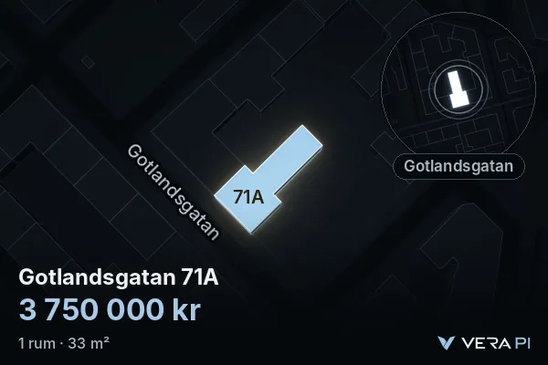 VERA PI:s bild av Gotlandsgatan 71A: huset i 3D, upplyst i blått, och kartan runt omkring