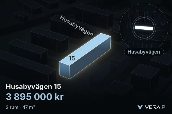 VERA PI's image of Husabyvägen 15: the building in 3D, lit in blue, and the map around it